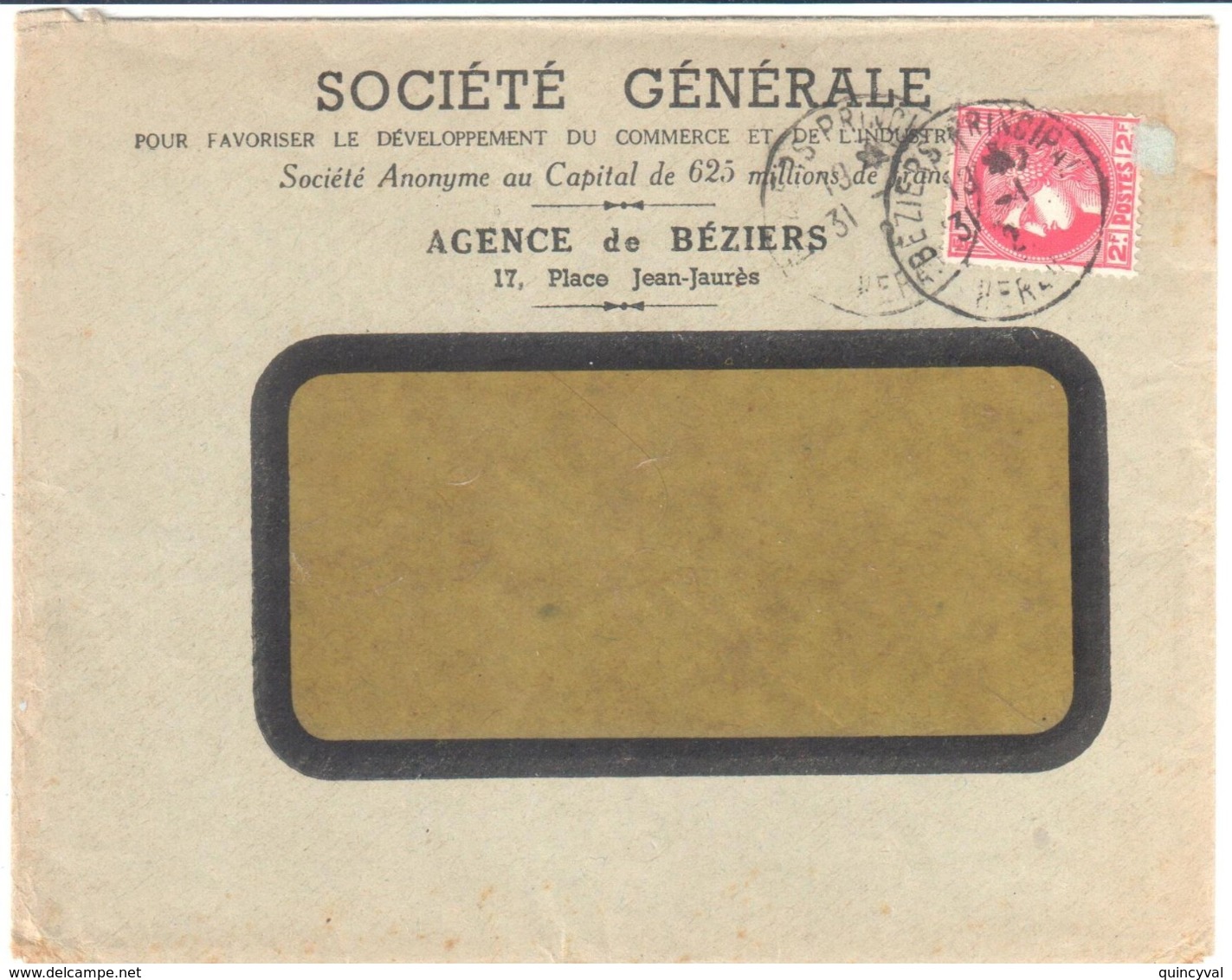 BEZIERS PRINCIPAL Hérault Lettre Entête Société Générale Agence Béziers 2F Rouge Cérès Yv 373 Ob 1942 - Brieven En Documenten