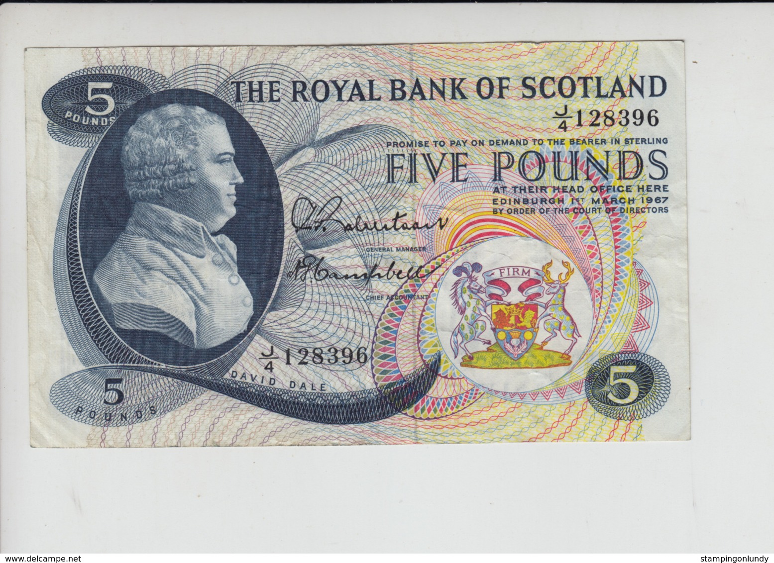 AB305 Royal Bank Of Scotland Plc £5 Note 1 March 1967 #J/4 128396 FREE UK P+PBUY 1 GET 1 (CHEAPEST) 1/2 PRICE BANKNOTES - 5 Pounds