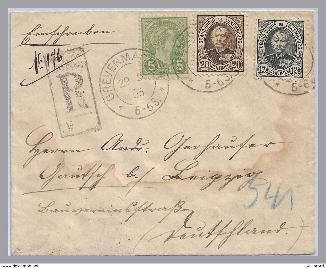 Luxembourg - RRR! 20c BROWN Adolphe - Grevenmacher 1905 Registered Cvr To Germany - 1891 Adolphe De Face