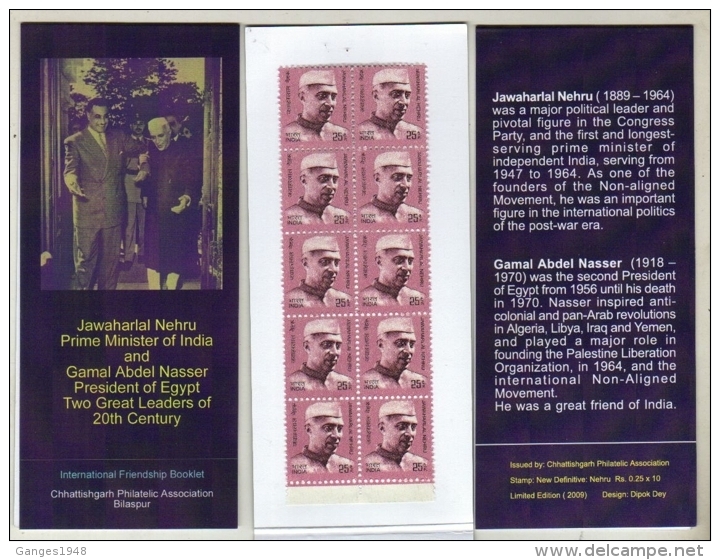 India  2009  Great Leaders  Nasser  &  Nehru   Stamps Booklet  Nehru Stamps    # 11987  D  Inde Indien - Unused Stamps