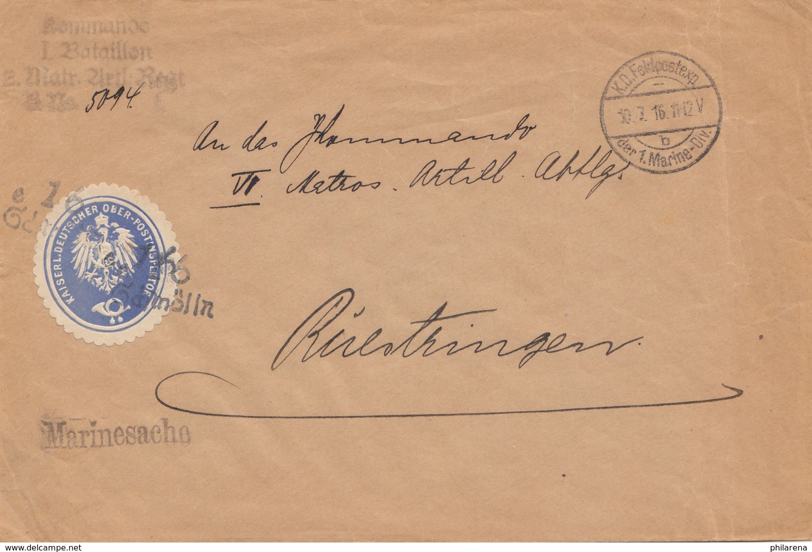 Feldpostexp. Der 1. Marine Div-Kaiserlicher Oberpostinspektor -Marinesache 1916 - Sonstige & Ohne Zuordnung