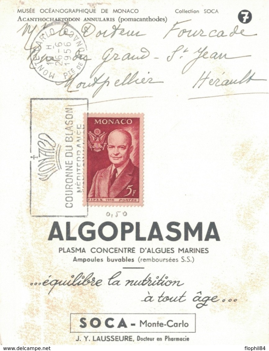 MONACO - COLLECTION SOCA - ALGOPLASMA - PLASMA CONCENTRE D'ALGUES MARINES - 1956 - THEMATIQUE POISSON. - Brieven En Documenten