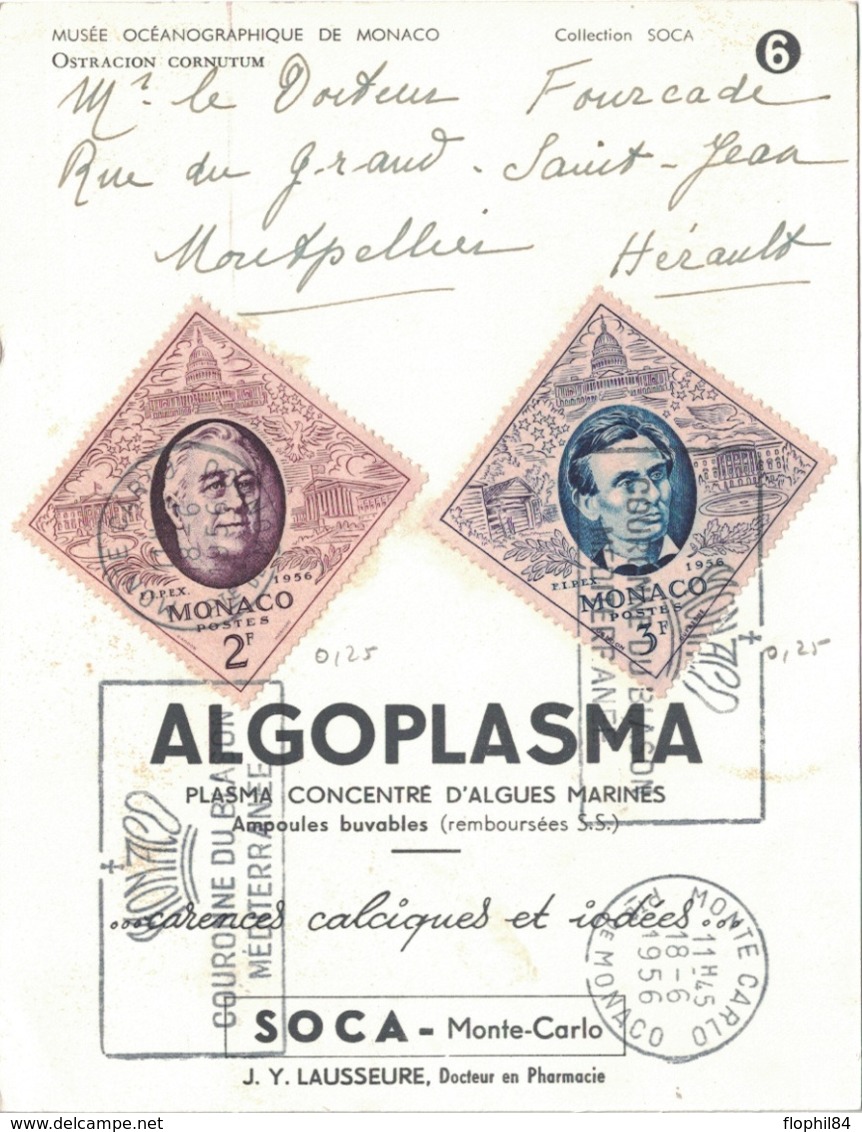 MONACO - COLLECTION SOCA - ALGOPLASMA - PLASMA CONCENTRE D'ALGUES MARINES - 1956 - THEMATIQUE POISSON. - Covers & Documents