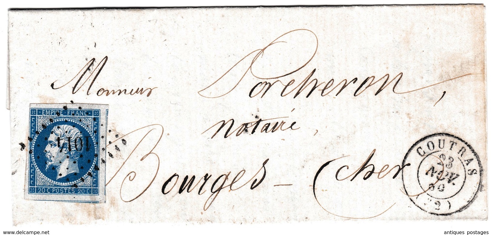 Lettre 1859 Coutras Gironde Bourges Cher Morin Dumanoir Notaire - 1853-1860 Napoléon III