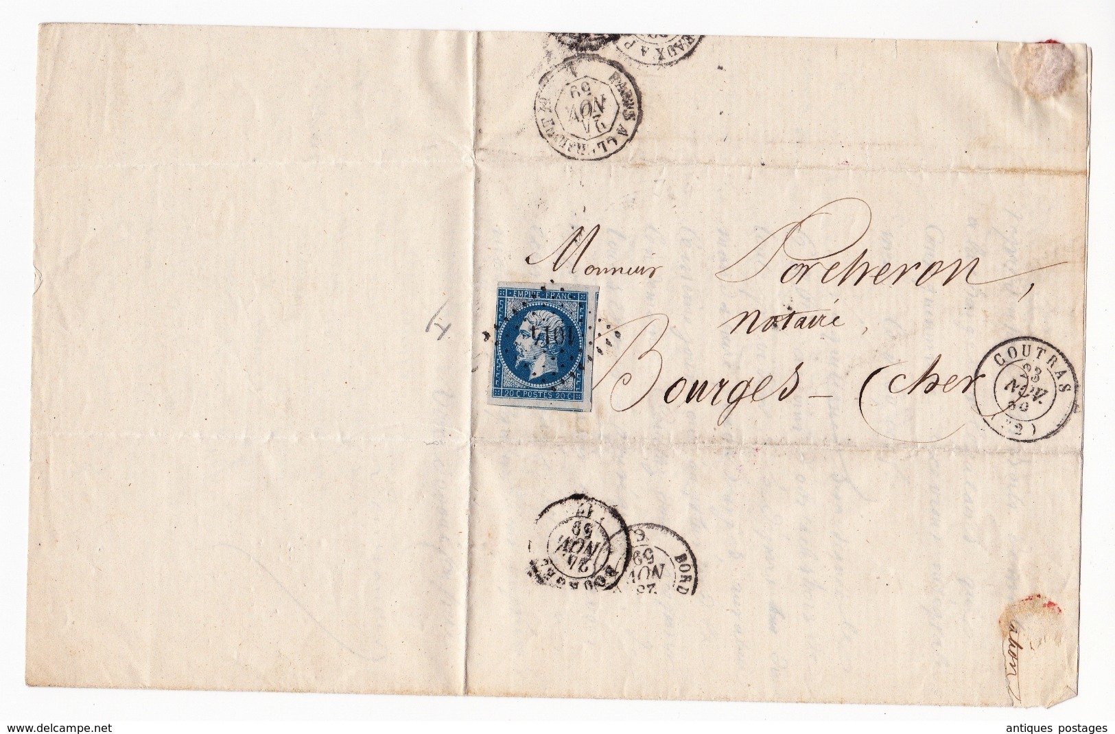 Lettre 1859 Coutras Gironde Bourges Cher Morin Dumanoir Notaire