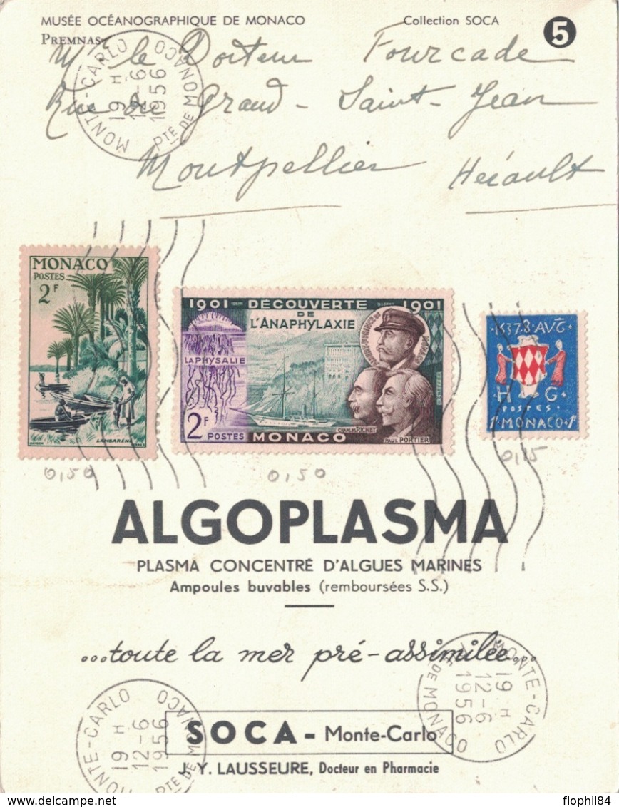 MONACO - COLLECTION SOCA - ALGOPLASMA - PLASMA CONCENTRE D'ALGUES MARINES - 1956 - THEMATIQUE POISSON. - Briefe U. Dokumente