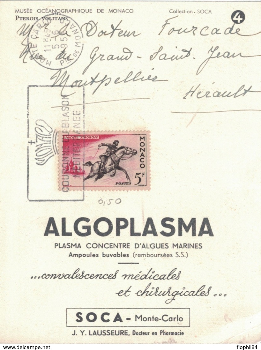 MONACO - COLLECTION SOCA - ALGOPLASMA - PLASMA CONCENTRE D'ALGUES MARINES - 1956 - THEMATIQUE POISSON. - Brieven En Documenten