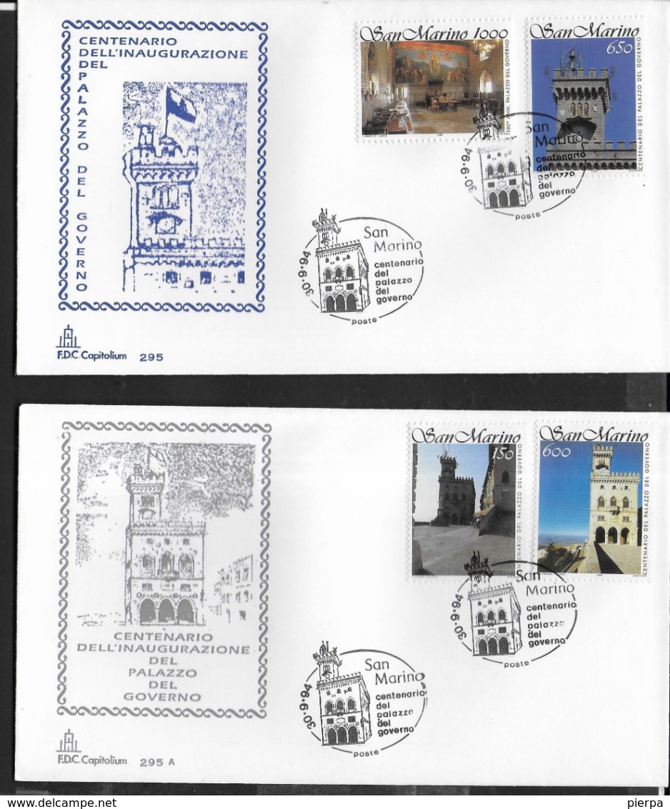 SAN MARINO - 1994 - 100° PALAZZO DEL GOVERNO -30.09.1994-  SERIE 4 VALORI SU DUE BUSTE F.D.C.CAPITOLIUM - FDC