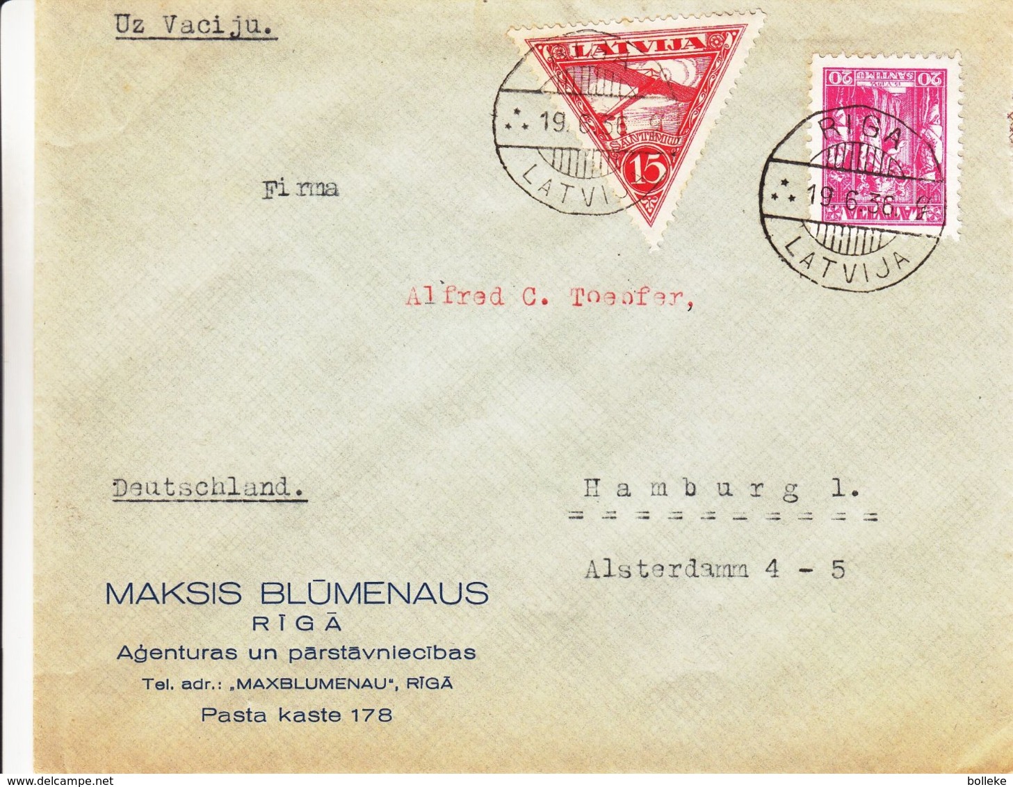 Lettonie - Lettre De 1936 - Oblit Riga - Exp Vers Hamburg - Avions - Soldats - - Lettonie