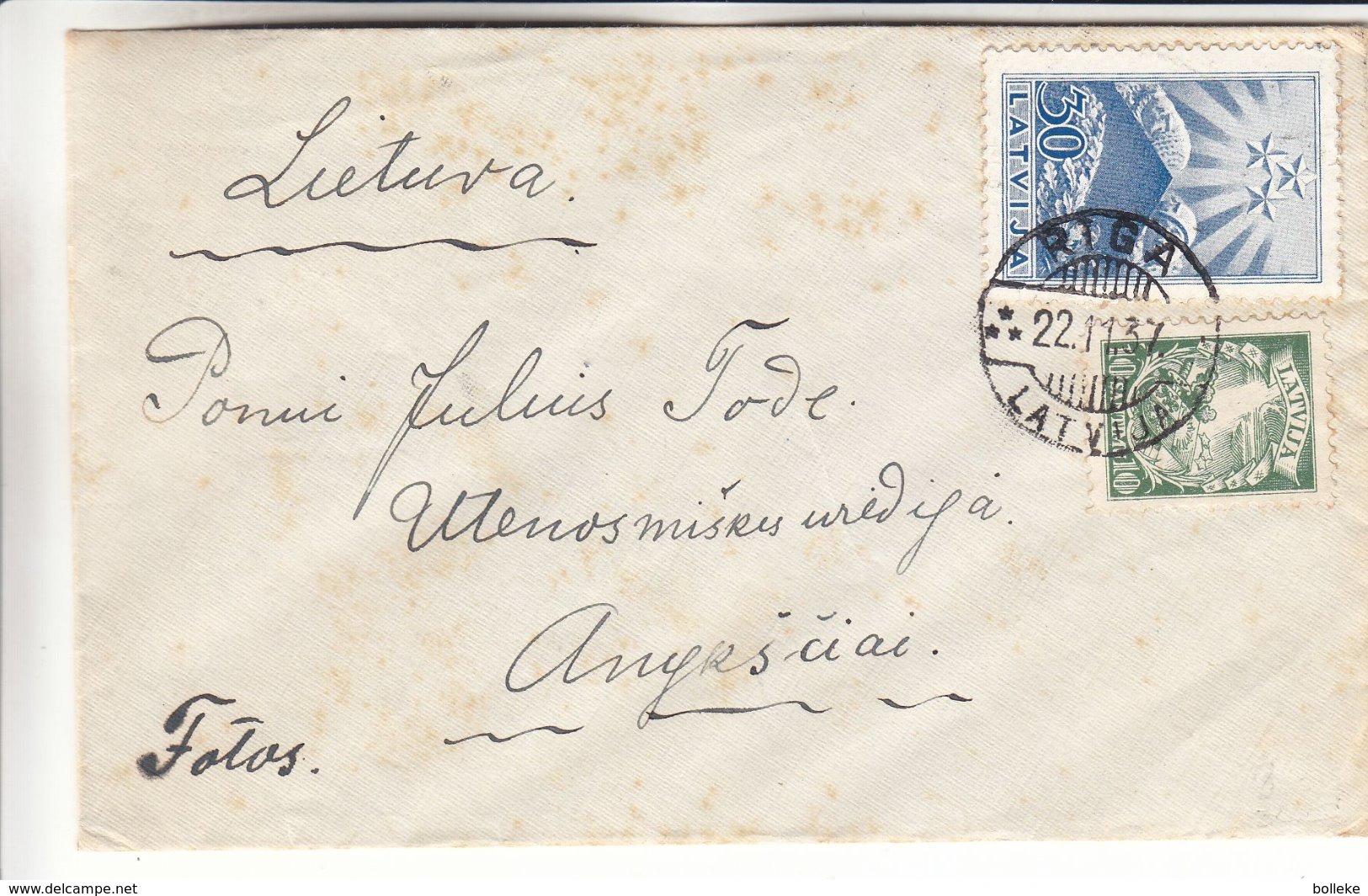 Lettonie - Lettre De 1937 - Oblit Riga - Exp Vers Angrs Ciai  ? En Lituanie - Lettonie