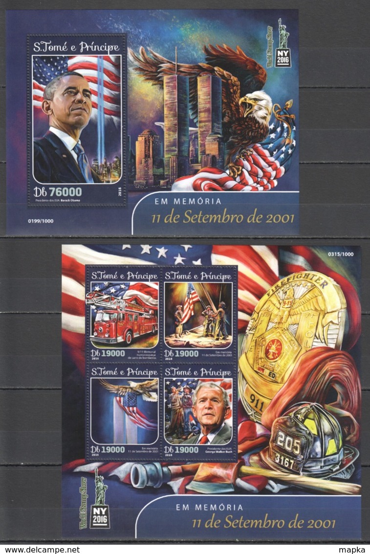 SS428 2016 S. TOME E PRINCIPE HISTORY IN MEMORY OF  SEPTEMBER 11 2001 WORLD STAMP SHOW 1KB+1BL MNH - Otros & Sin Clasificación