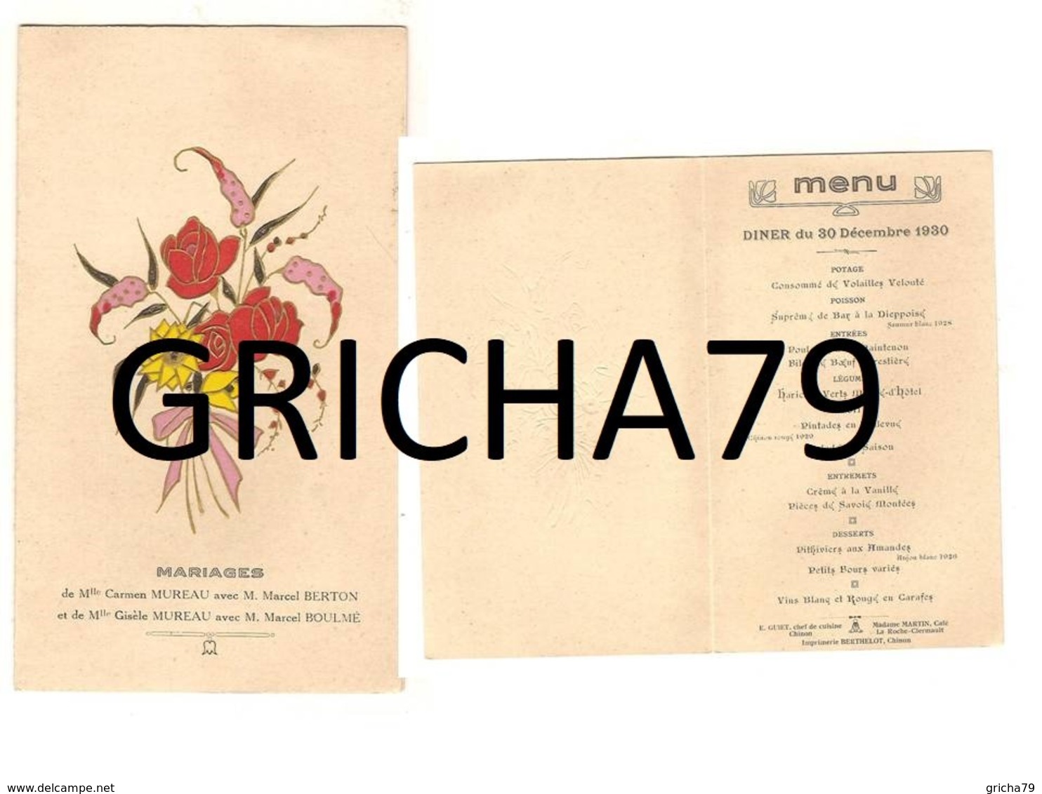 MENU MARIAGE 1930 - Menus