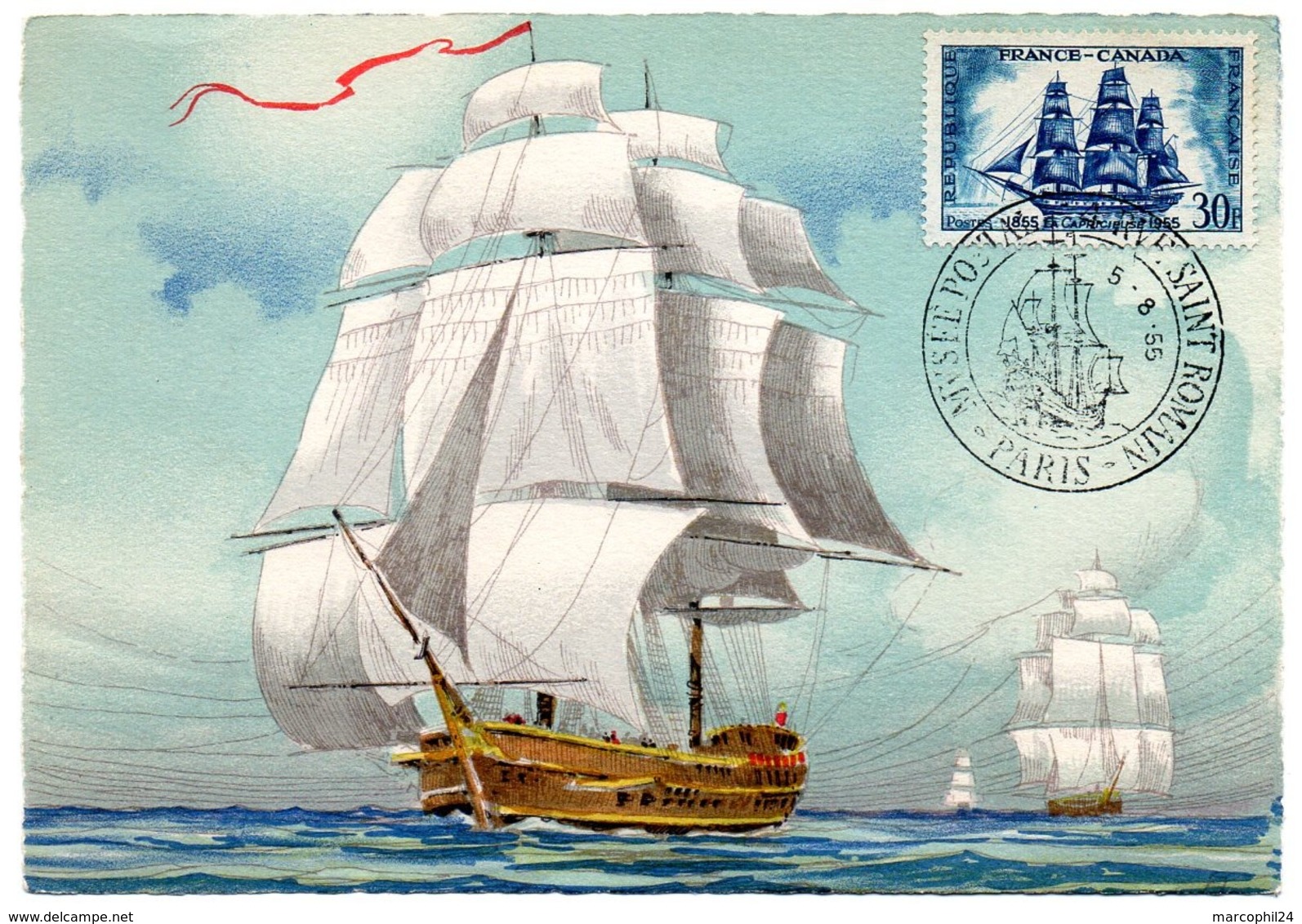 MARINE = 75 PARIS / MUSEE POSTAL 1955 = CARTE MAXIMUM LA VERTUEUSE + CACHET Illustré D'un Navire Ancien à Voile - 1950-1959