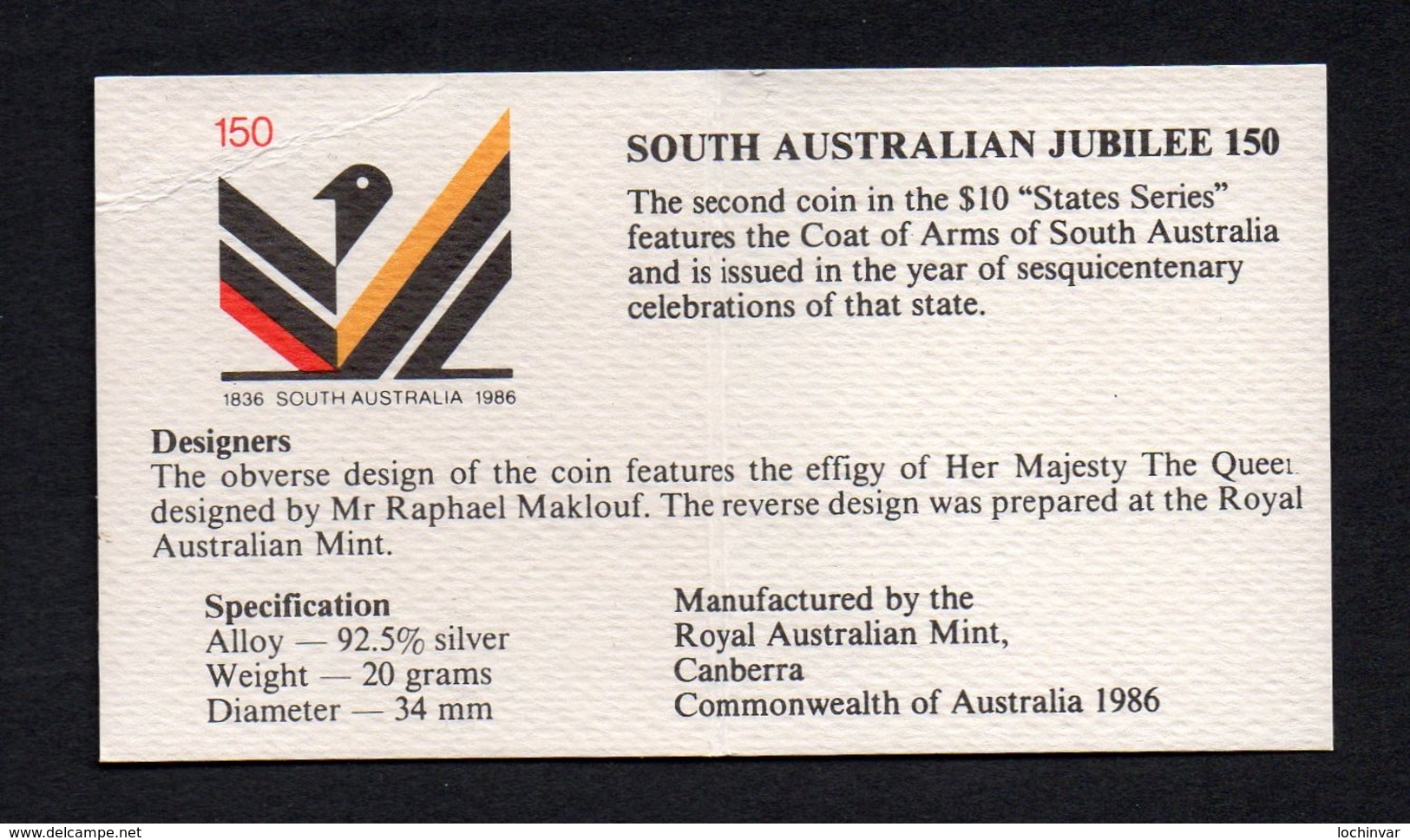 AUSTRALIA, 1986 STATES(SA) $10 SILVER PROOF COIN, 20g, 92.5% - 10 Dollars