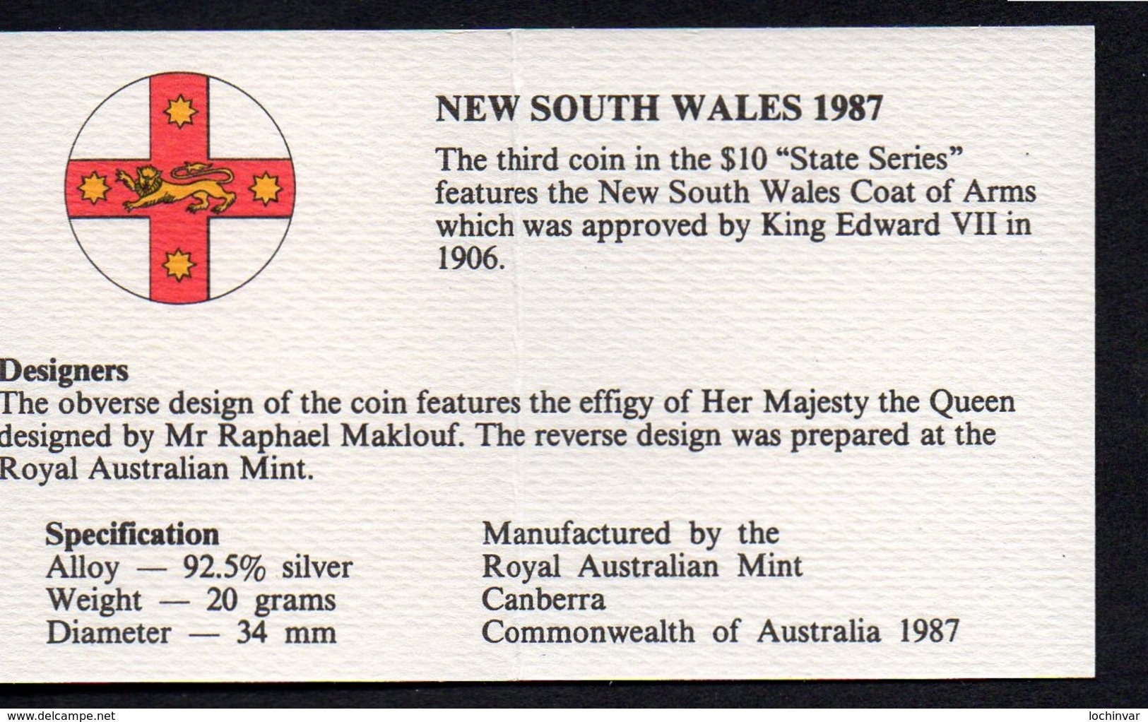 AUSTRALIA, 1987 $10 STATES(NSW) SILVER PROOF COIN, 20g, 92.5% - 10 Dollars