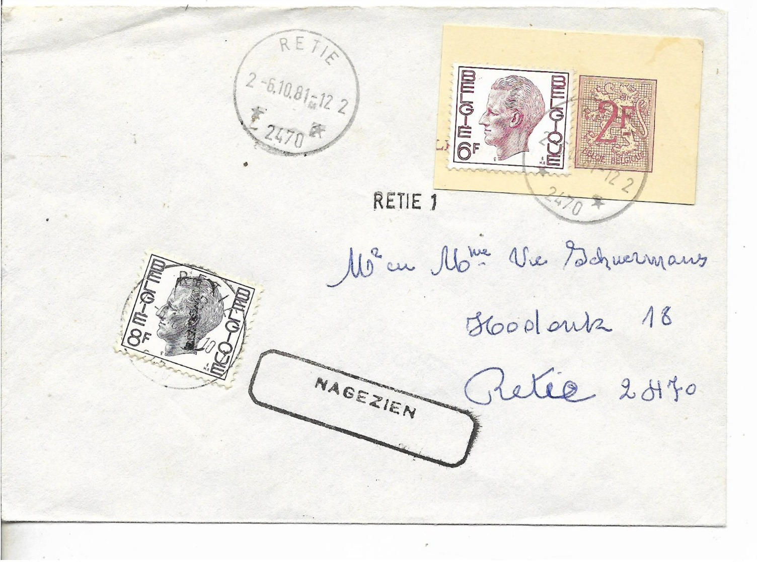 Rare  Timbre Entier Postal Découpé Sur Lettre Taxée  8f  -RETIE 1 - NAGEZIEN   Voir Scan - Variétés/Curios.