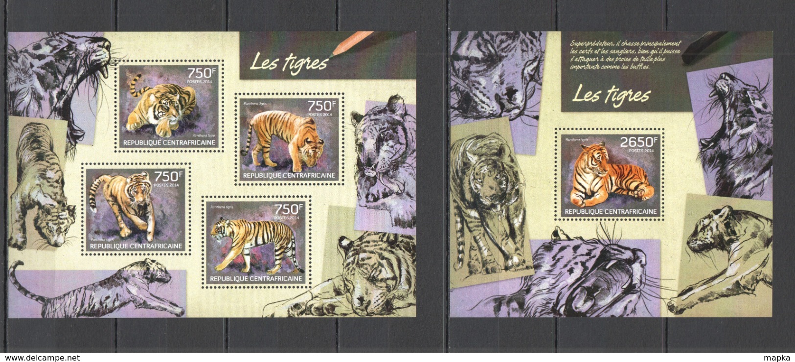 CA424 2014 CENTRAL AFRICA CENTRAFRICAINE FAUNA ANIMALS WILD CATS TIGERS LES TIGRES KB+BL MNH - Raubkatzen