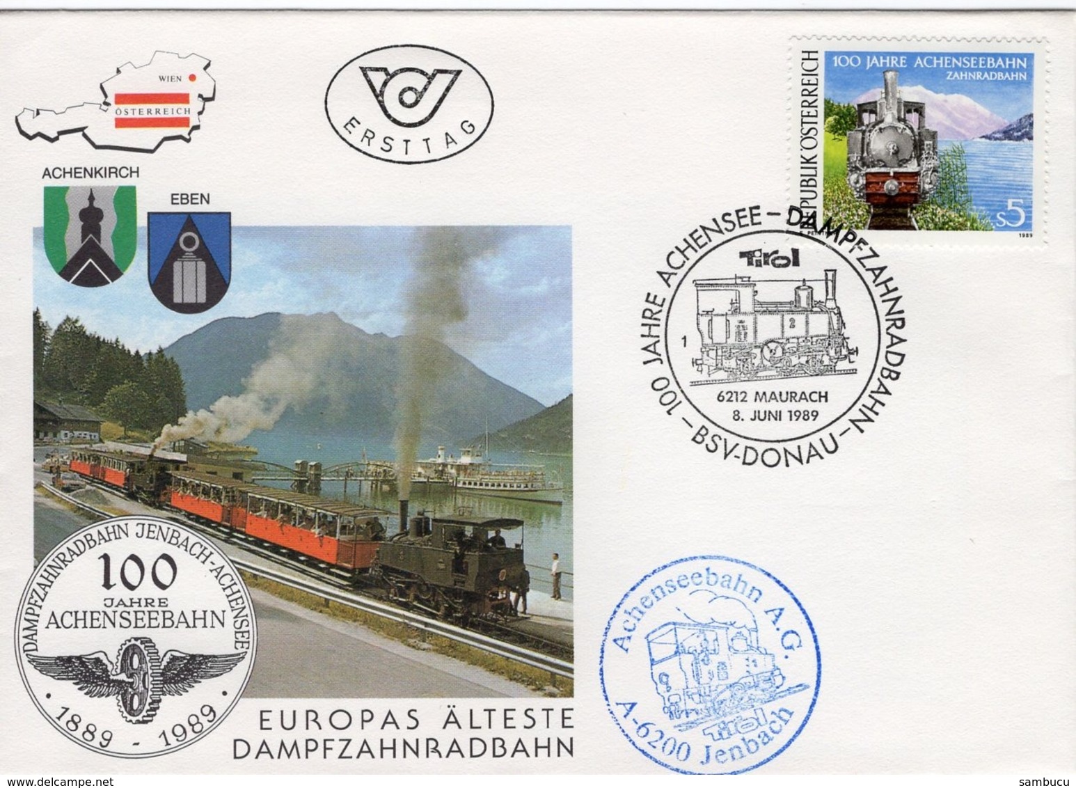 FDC - 100 Jahre Achenseebahn Zahnradbahn 6212 Maurach 1989 Ersttag - FDC