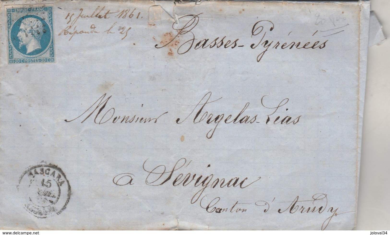 France Yvert 14  Lettre MASCARA Algérie à Sévignac Canton Arudy Basses Pyrénées  - Cachet Ambulant X 3 - 1849-1876: Classic Period