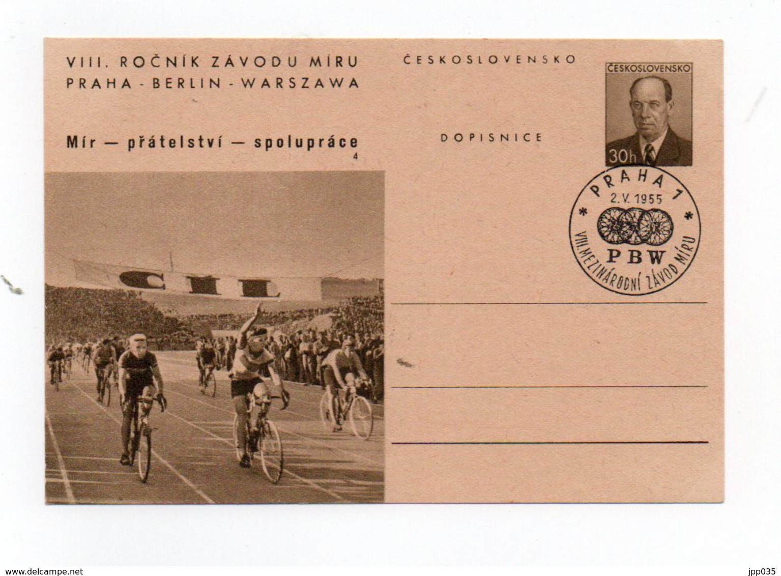 CYCLISME  COURSEDE LA PAIX 1955 ENTIER POSTAL REPIQUE AFFRANCHISSEMENT PRAGUE   RARE - Ciclismo