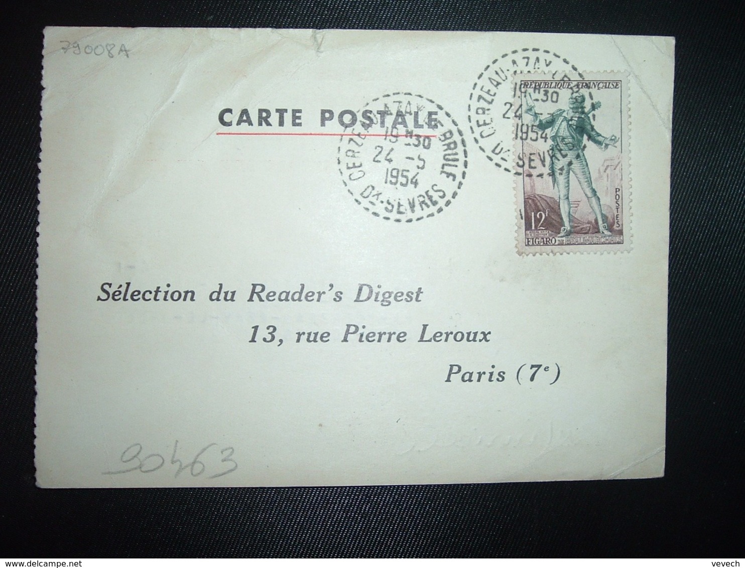 CP TP FIGARO 12F OBL. Tiretée 24-5 1954 CERZEAU-AZAY LE BRULE DEUX-SEVRES (79) - Cachets Manuels