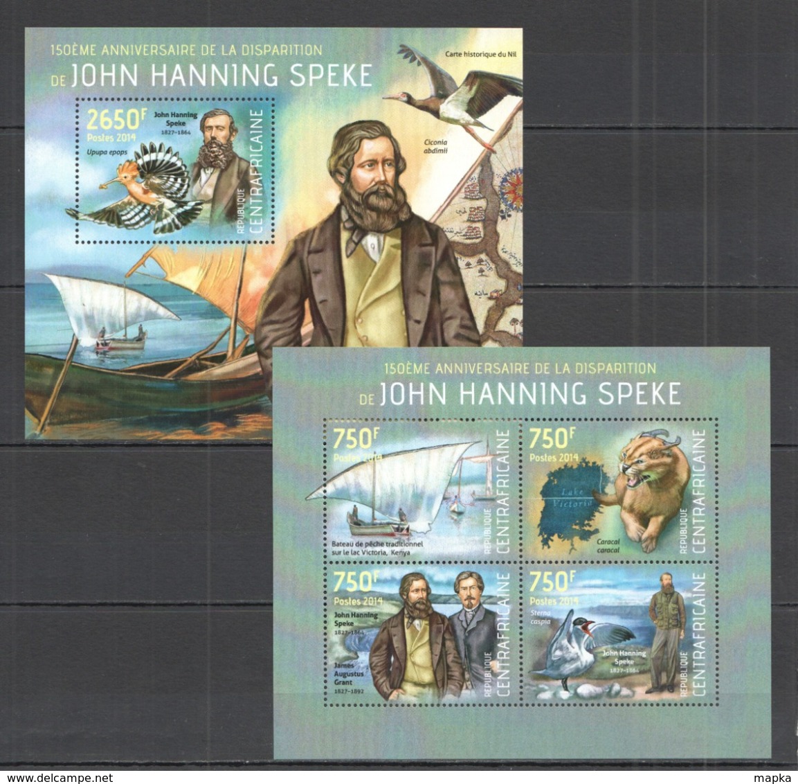 CA487 2014 CENTRAL AFRICA CENTRAFRICAINE FAMOUS PEOPLE ANNIVERSARY JOHN HANNING SPEKE KB+BL MNH - Explorers