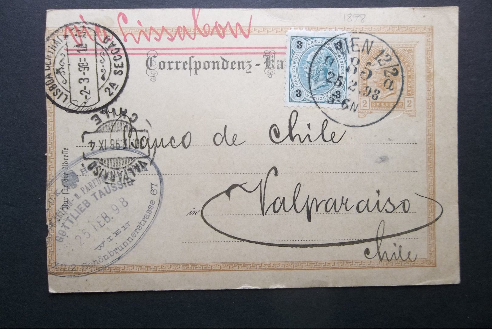 Austria: 1898 Uprated Postal Card To Valparaiso, Chile-Left Faulty (#YT2) - Covers & Documents