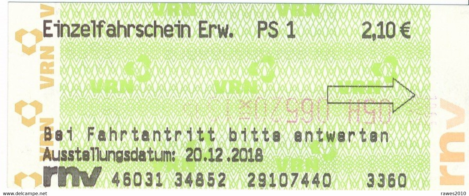 BRD Weinheim Rnv = Rhein-Neckar-Verkehrsverbund Fahrschein PS 1 Strassenbahn 2018 - Europa