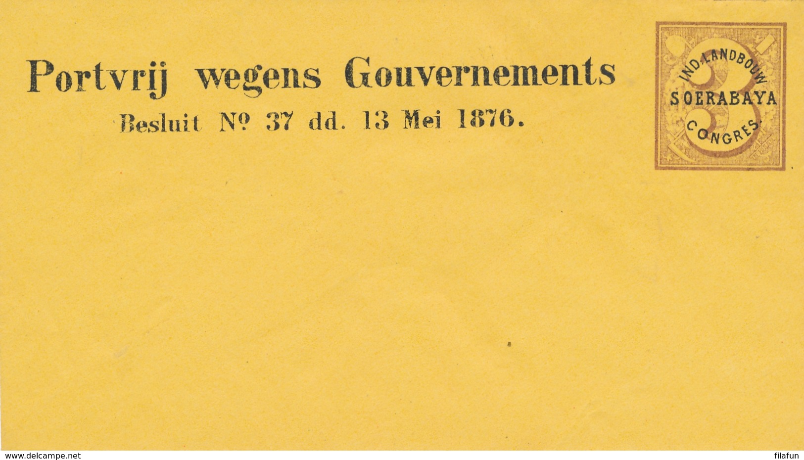 Nederlands Indië - 1878 - Landbouw Congres Soerabaya - Portvrij Wegens Gouvernementsbesluit - Moquette - Lila Op Geel - Niederländisch-Indien