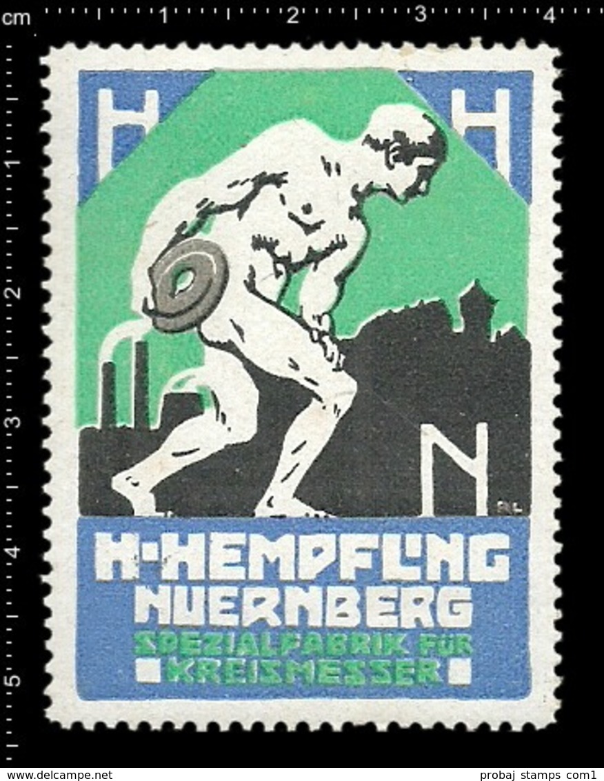 German Poster Stamp Cinderella Reklamemarke Hempfling Nürnberg Nuremberg Kreis Circular Blade Athlete Discus Throw - Cinderellas