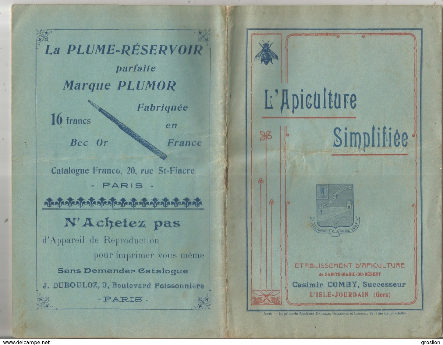 L'APICULTURE SIMPLIFIEE ETAB D'APICULTURE DE STE MARIE DU DESERT CASIMIR COMBY SUCC L'ISLE JOURDAIN GERS LIVRET ANCIEN - Tiere