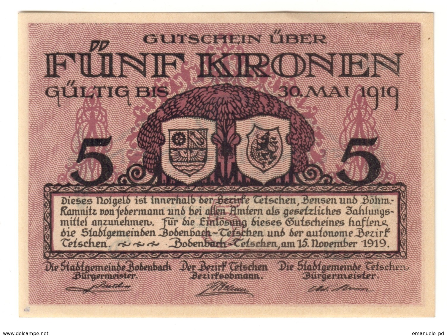 Austria Notgeld BOHEMIA & MORAVIA - BODENBADCH UND TETSCHEN 5 Kronen AUNC - Austria