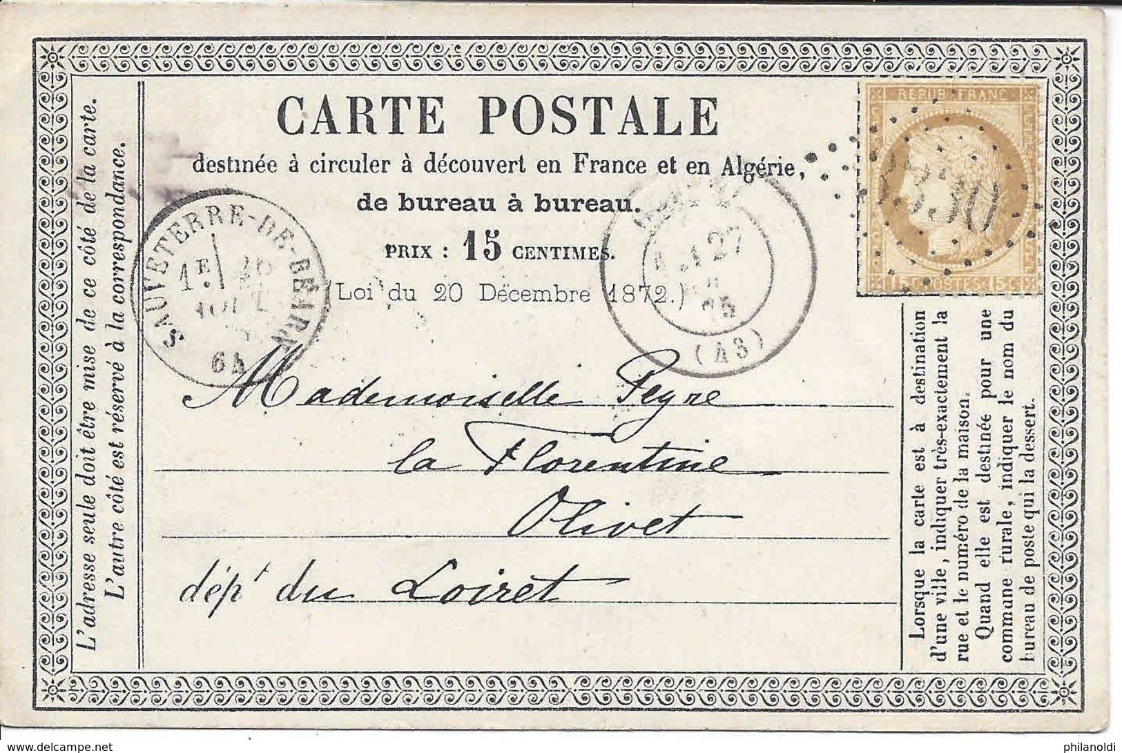 1875 Cachet Gros Chiffre 3330, SAUVETERRE DE BEARN, Cérès 15 Centimes Sur CARTE POSTALE Pour Olivet, Loiret - 1871-1875 Ceres