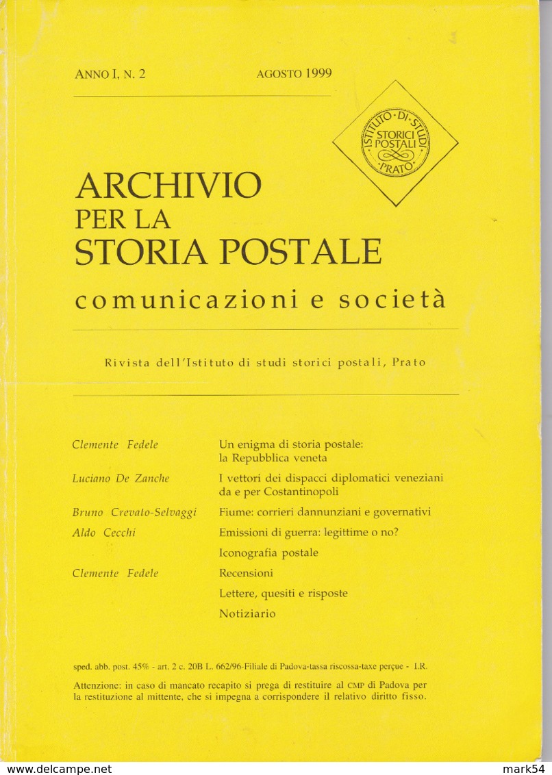 Archivio Per La Storia Postale N. 2 Del 1999 - Altri & Non Classificati