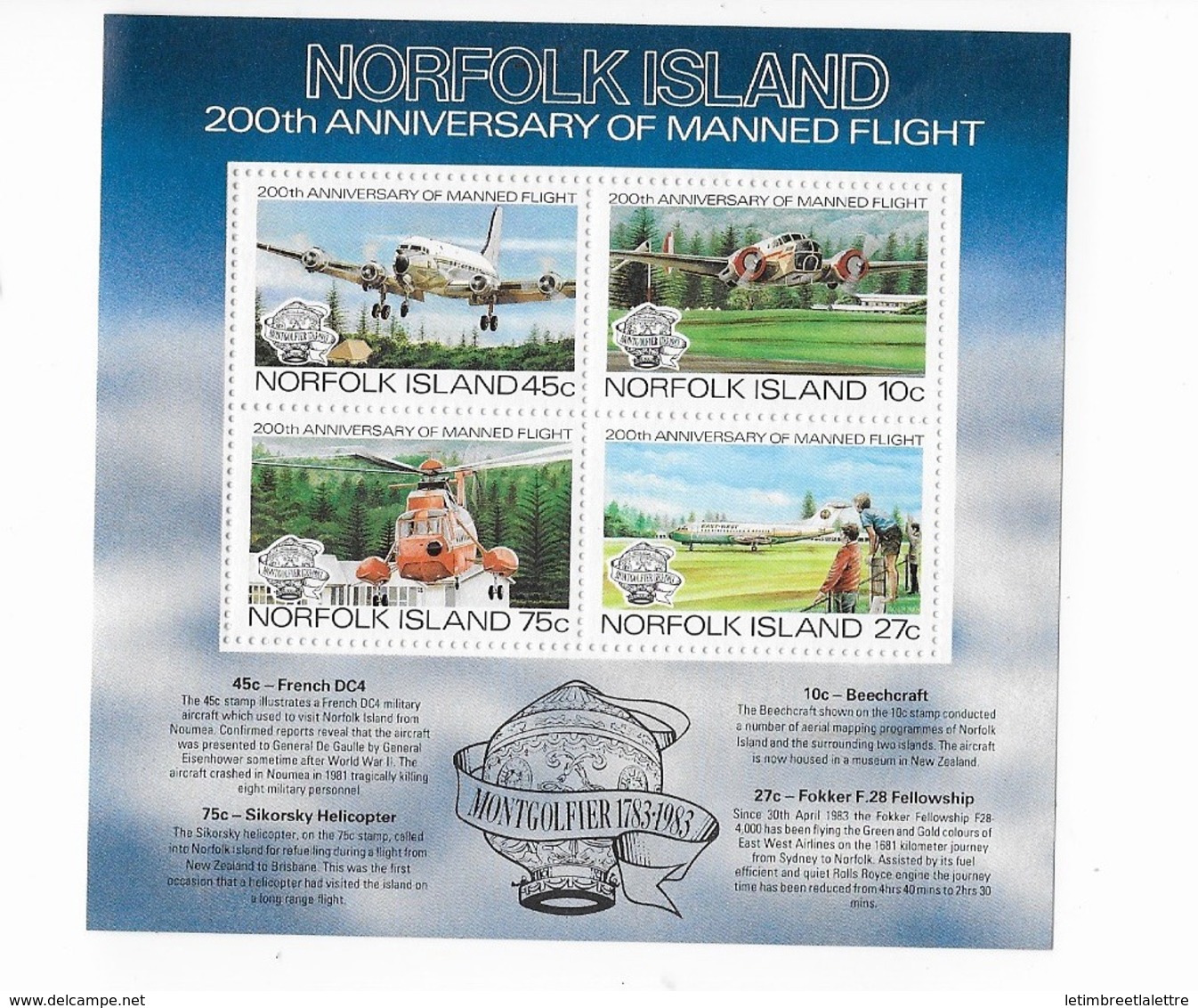 Ile Norfolk Bloc Feuillet N° 5** Premiere Ascension De L'homme Dans L'atmosphere - Norfolkinsel