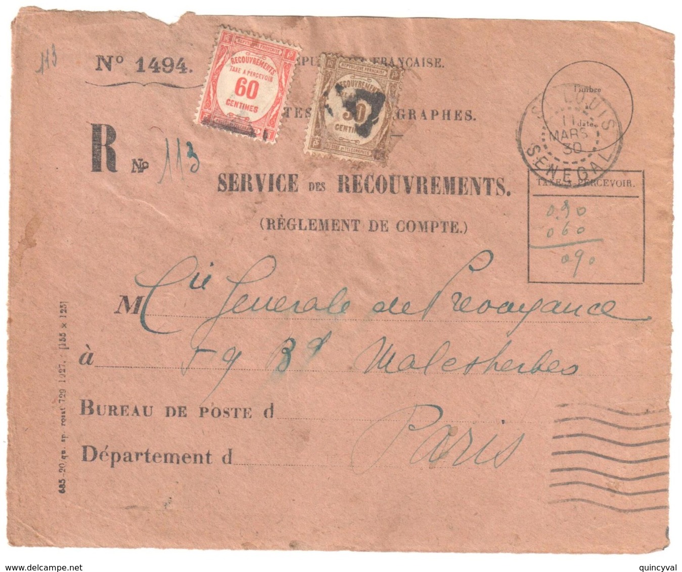 St LOUIS Sénégal Devant Enveloppe 1494 Reco Ob 11 3 1930 Taxe Yv 57 58 Preo PARIS - Storia Postale