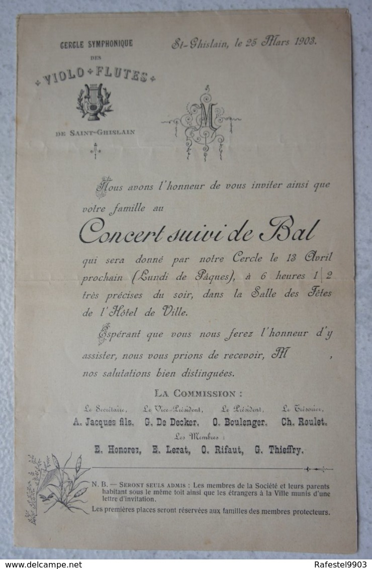 Invitation SAINT GHISLAIN 1903 Concert Et Bal Cercle Symphonique Des VIOLO FLUTES De St Ghilsain - Non Classés