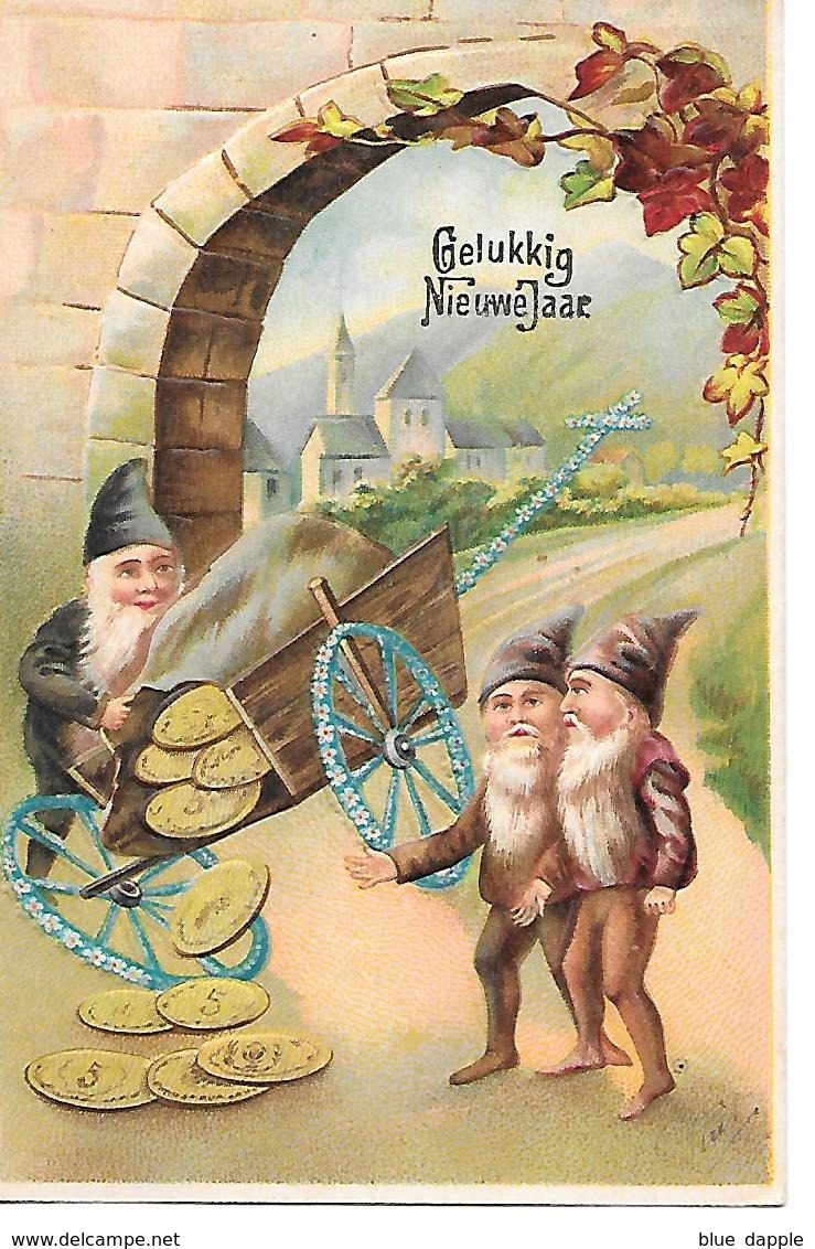 Gnome, Gnom, Zwerg, Lutin, Kobold, Pushcart, Charrette à Bras, Coins, Münze, Flowers, Dorf, Village / Embossed, Gaufré - Nieuwjaar