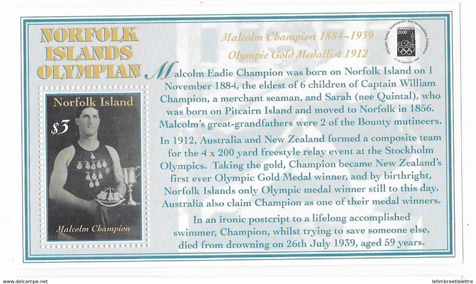 Ile Norfolk Bloc Feuillet N° 41** Hommage à Malcoln Champion - Norfolkinsel