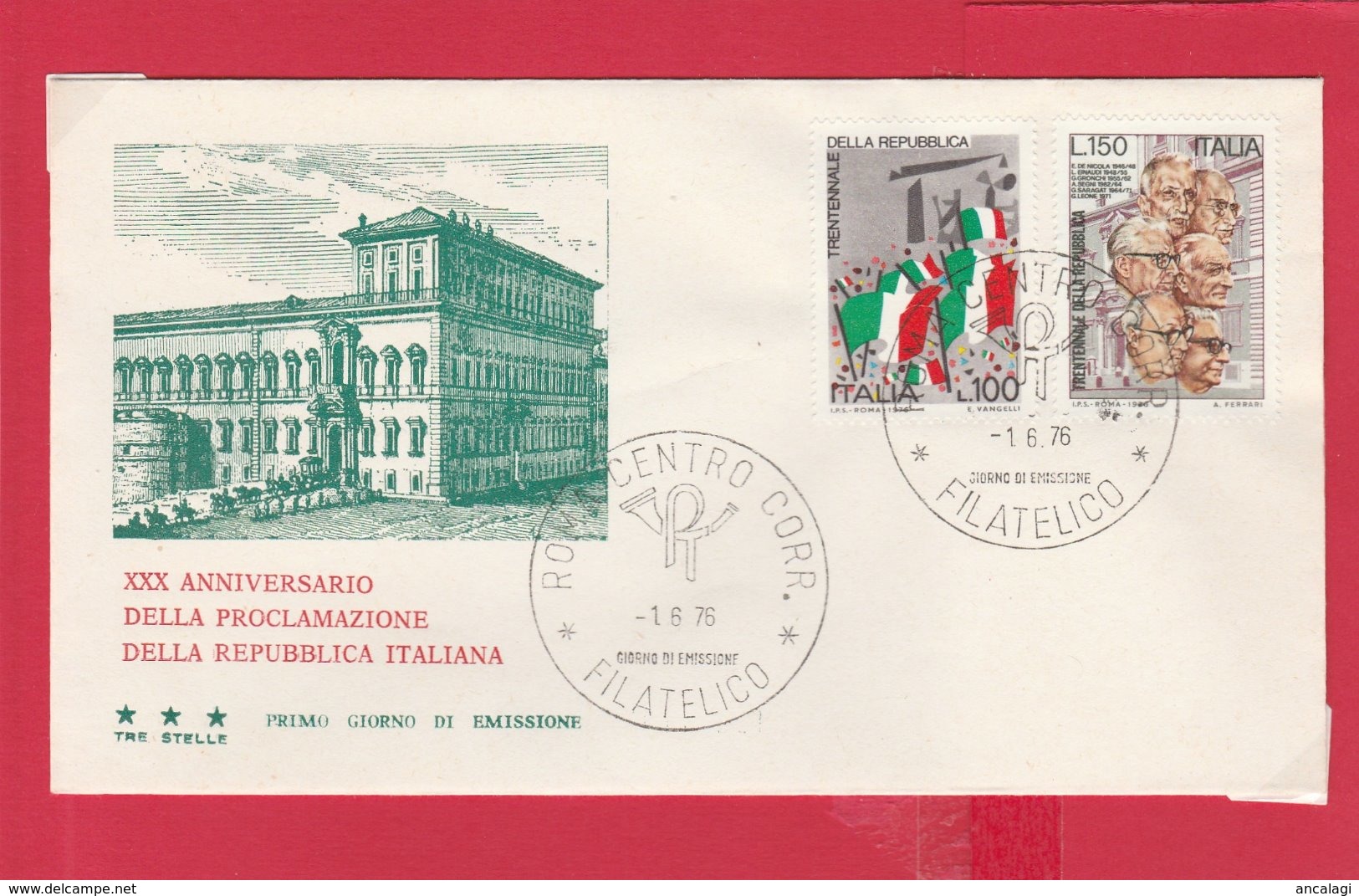 FDC ITALIA 1976 - 209 - TRENTENNALE DELLA REPUBBLICA - Annullo Roma 1.6.76. Serie Di 2 V. Su Busta Non Viagg. - FDC