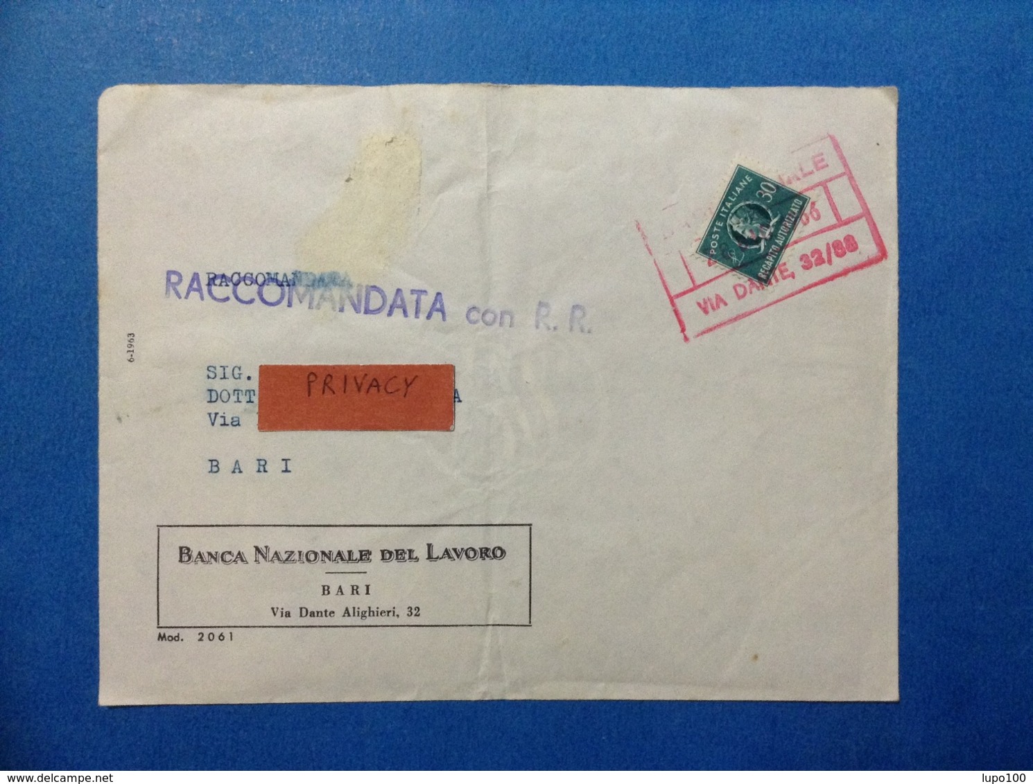 ITALIA FRANCOBOLLO RECAPITO AUTORIZZATO DA 30 LIRE SU BUSTA RACCOMANDATA RR DEL 1966 BANCA NAZIONALE DEL LAVORO BARI - 1961-70: Marcophilia