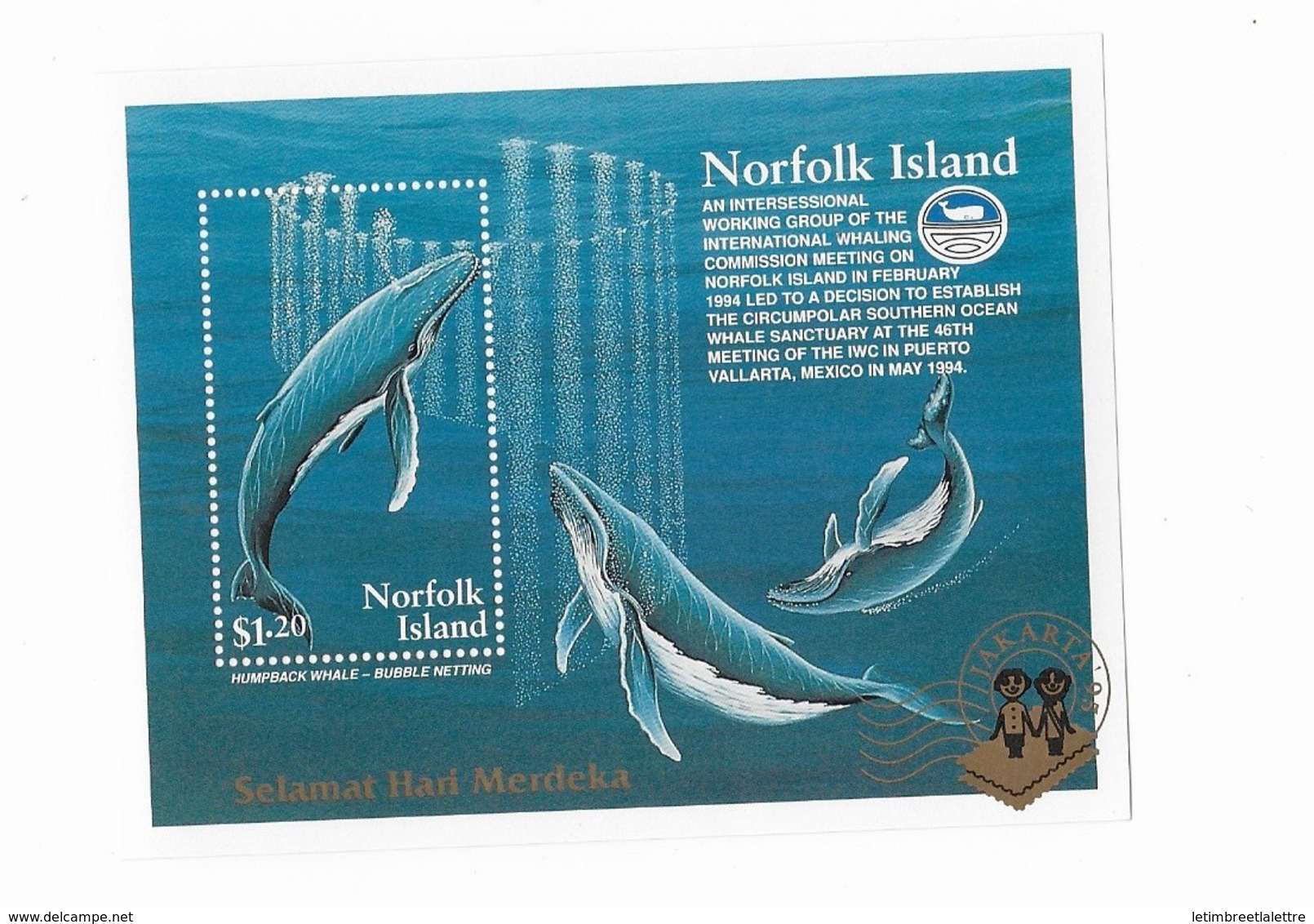 Ile Norfolk Bloc Feuillet N° 15** Protection De La Faune La Baleine à Bosses  Logo JAKARTA 95 - Isla Norfolk