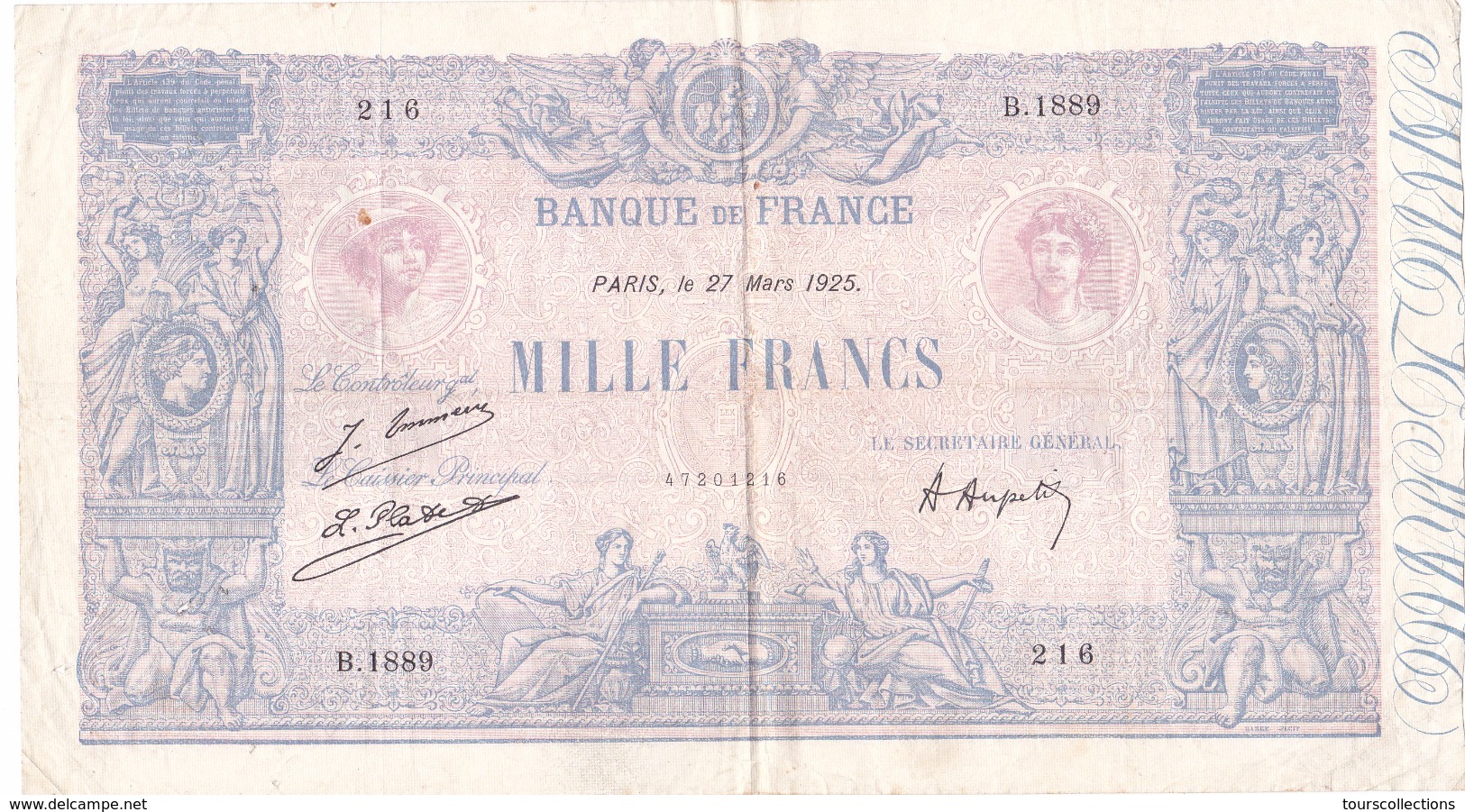 BILLET FRANCE 1000 FRANCS "BLEU ET ROSE"  1889 - 1926 Du 27 MARS 1925 @ PICK 67J ; Fayette 36/41 - 1 000 F 1889-1926 ''Bleu Et Rose''