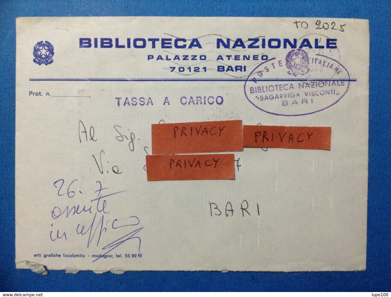 BUSTA PUBBLICITARIA BIBLIOTECA PALAZZO ATENEO BARI SAGARRIGA VISCONTI TASSATA CON QUARTINA 100 LIRE SEGNATASSE - 1981-90: Marcophilia