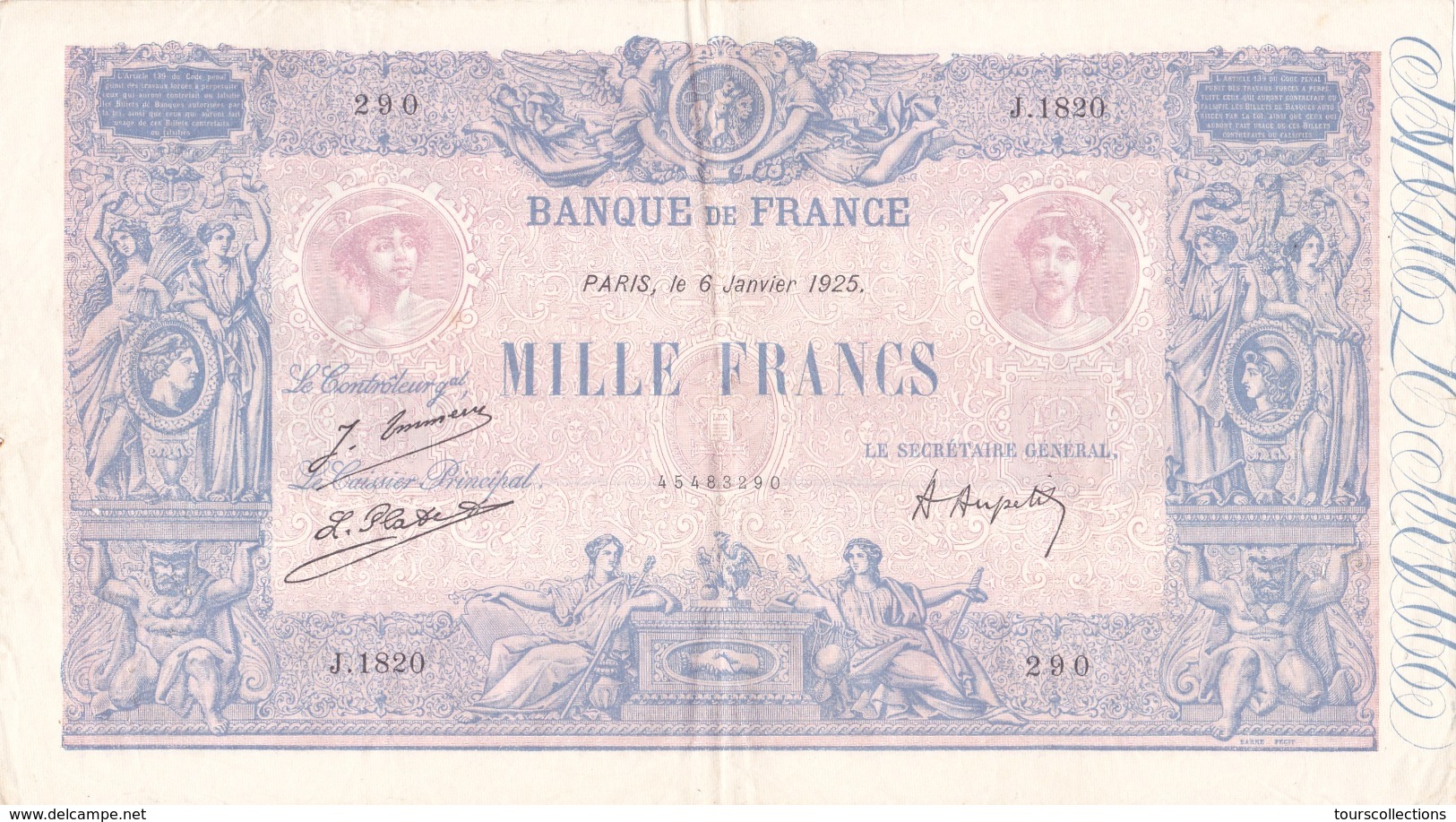 BILLET FRANCE 1000 FRANCS "BLEU ET ROSE"  1889 - 1926 Du 6 JANVIER 1925 @ PICK 67J ; Fayette 36/41 - 1 000 F 1889-1926 ''Bleu Et Rose''