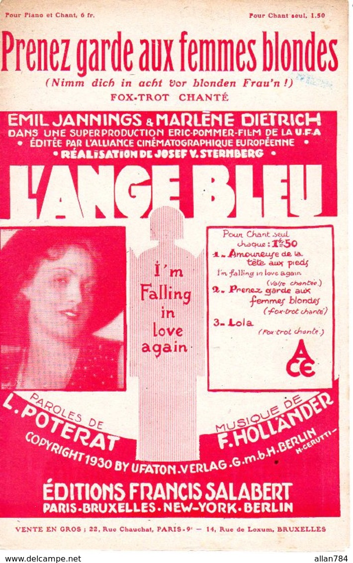 PARTITION MARLENE DIETRICH - PRENEZ GARDE AUX FEMMES BLONDES / L'ANGE BLEU - 1930 - EXC ETAT PROCHE DU NEUF - - Otros & Sin Clasificación