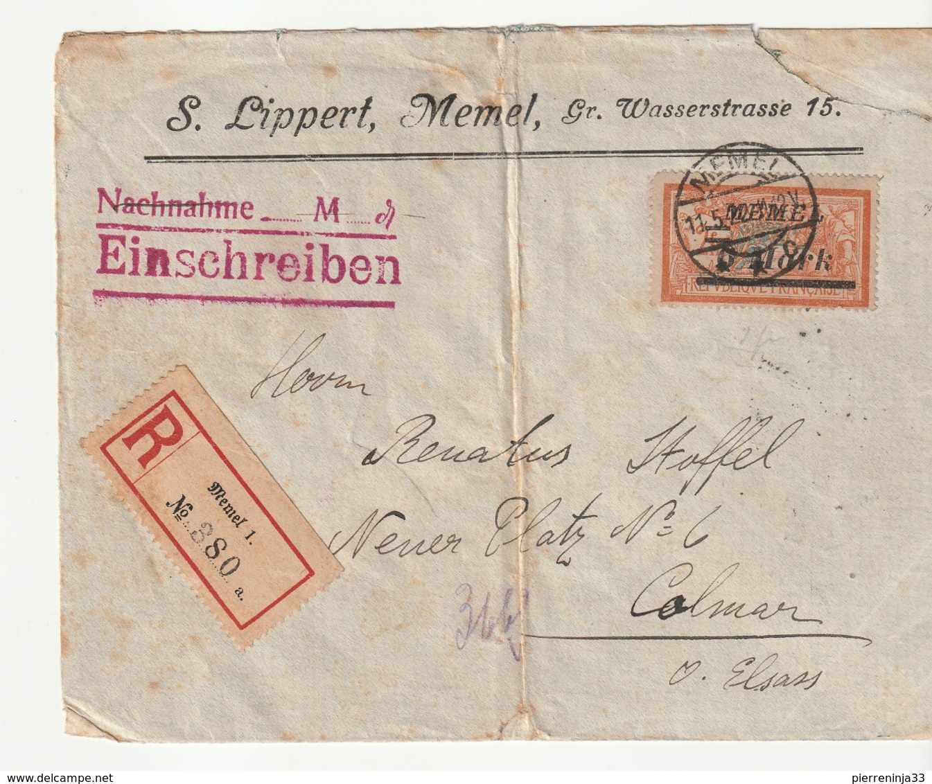 Lettre Recommandée Memel --> Colmar Avec Merson Surchargé , 1922 - Briefe U. Dokumente