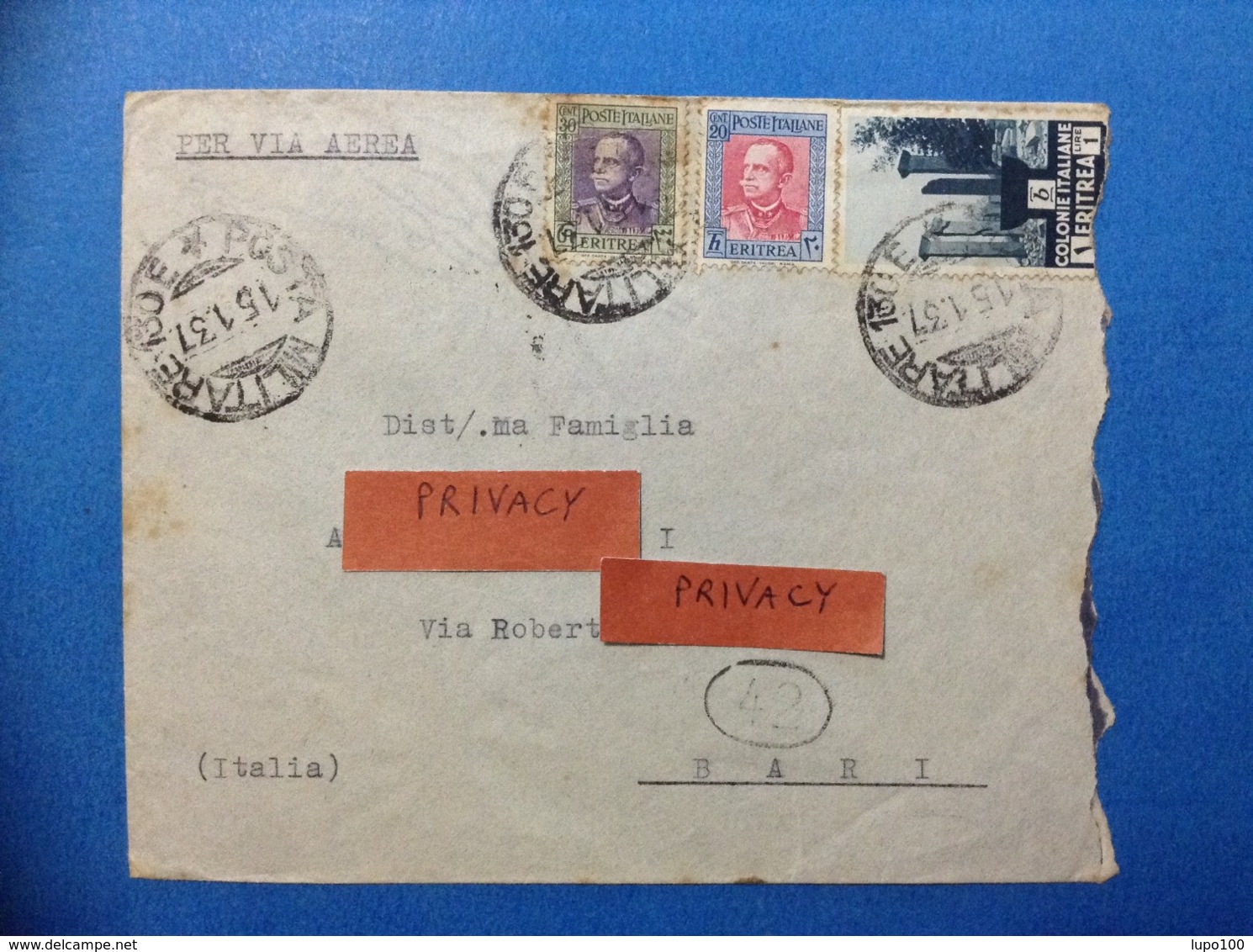 1937 ANNULLO POSTA MILITARE 130 E COLONIE ERITREA DA ADDIS ABEBA A BARI - Storia Postale