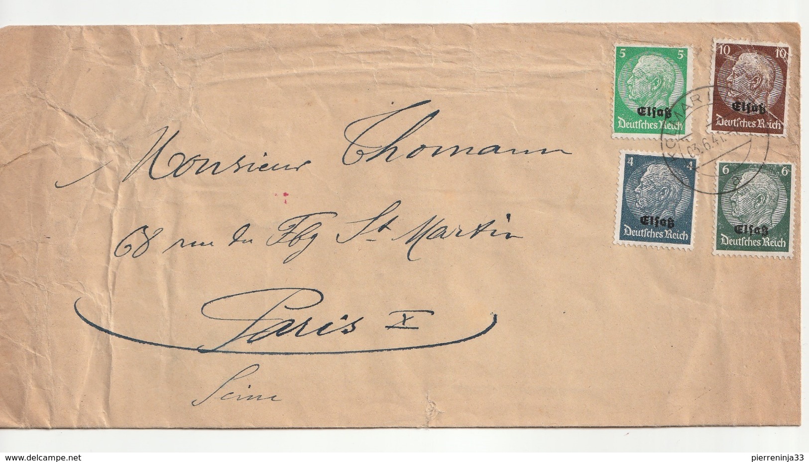 Lettre France Avec Censure / Occupation Allemande En Alsace Avec Timbres Alsace-Lorraine ,Colmar--> Paris , 1941 - Lettres & Documents