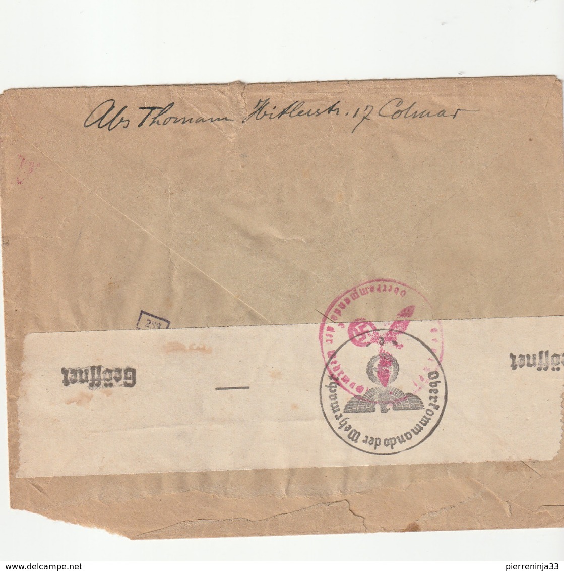 Lettre France Avec Censure / Occupation Allemande En Alsace Avec Timbres Alsace-Lorraine , Colmar--> Paris , 1941 - Lettres & Documents